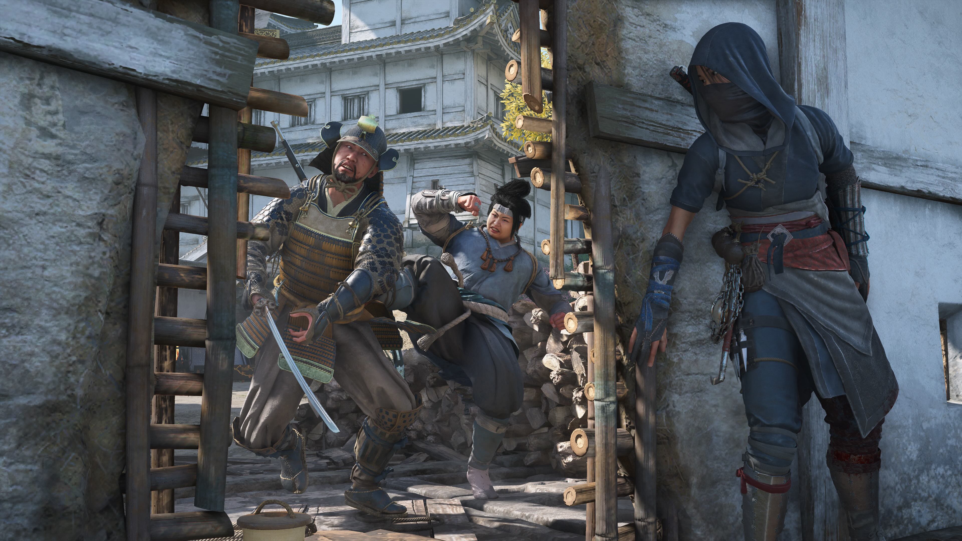 Naoe stands near a gap in a wall preparing to stab enemies in Assassin’s Creed Shadows
