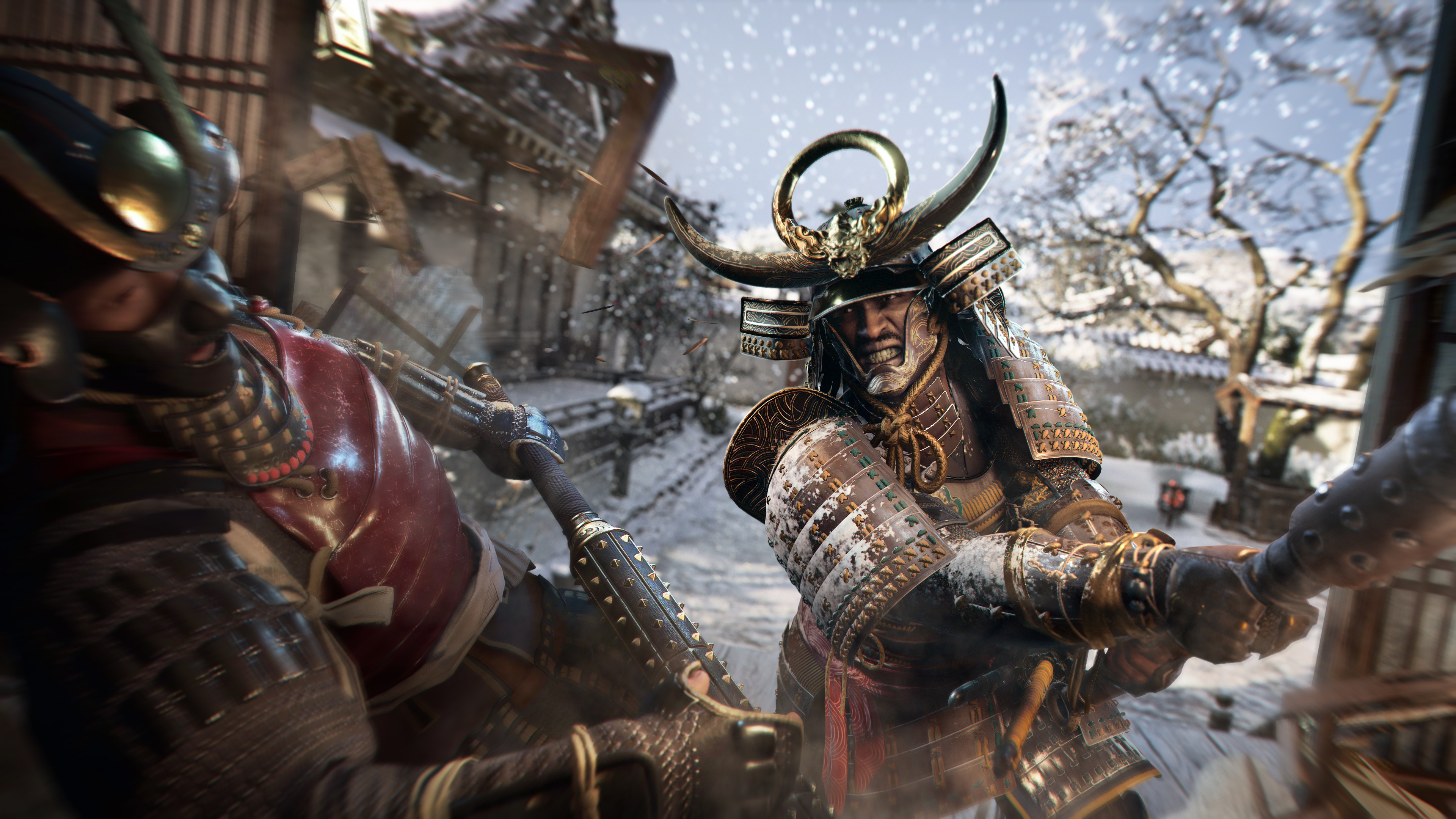 Samurai Yasuke slashes at an enemy samurai in a snowy screenshot from Assassin’s Creed Shadows