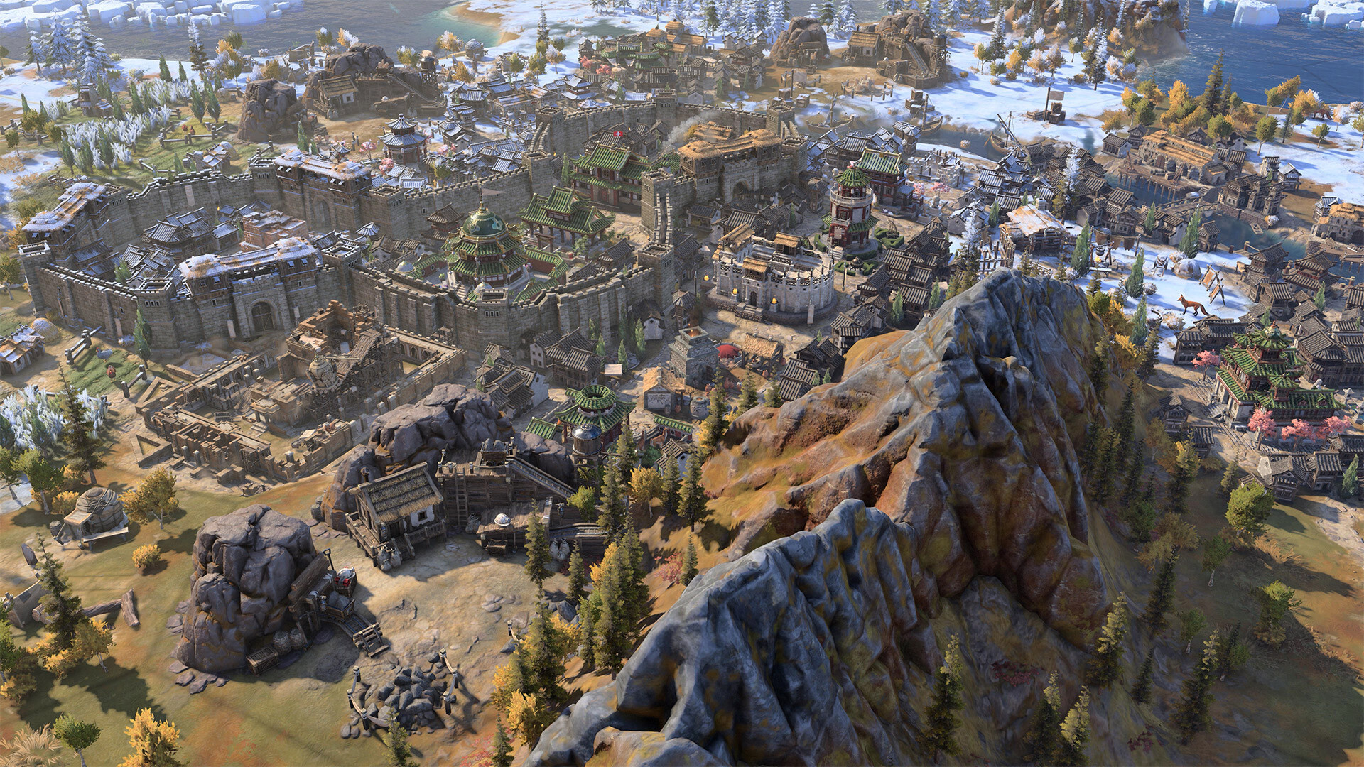 An isometric view of a civilization with a huge stone wall and lots of buildings in Civ 7