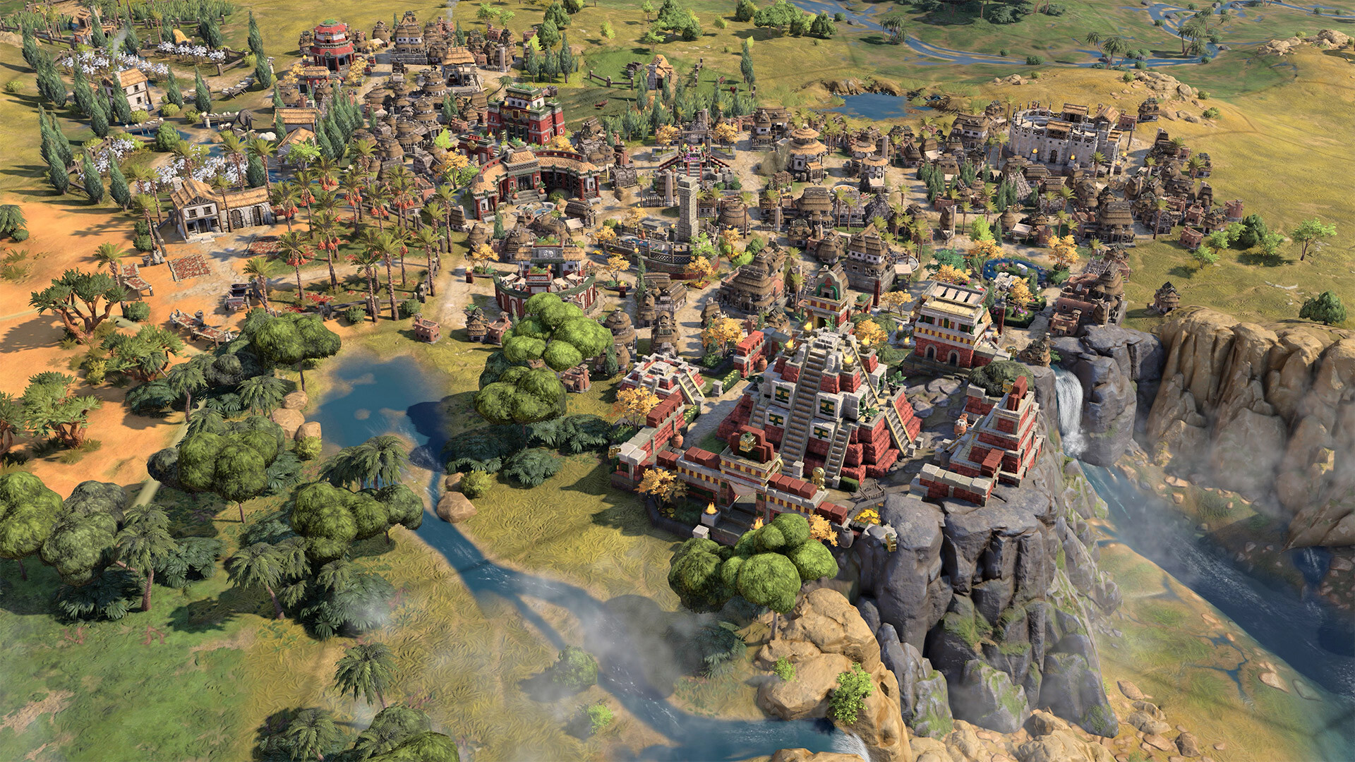 An isometric view of a civilization in Civ 7 with pyramid-like stone structures