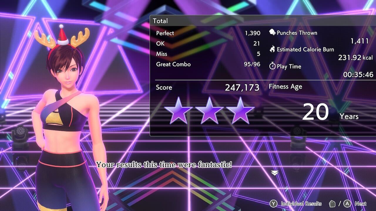 A score screen at the end of a workout in Fitness Boxing 3