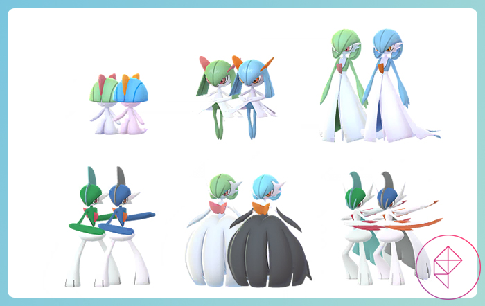 Ralts, Kirlia, Gardevoir, Gallade, and their Mega versions with their shiny forms in Pokémon Go. All of the shinies get a bluer and more orange accent.