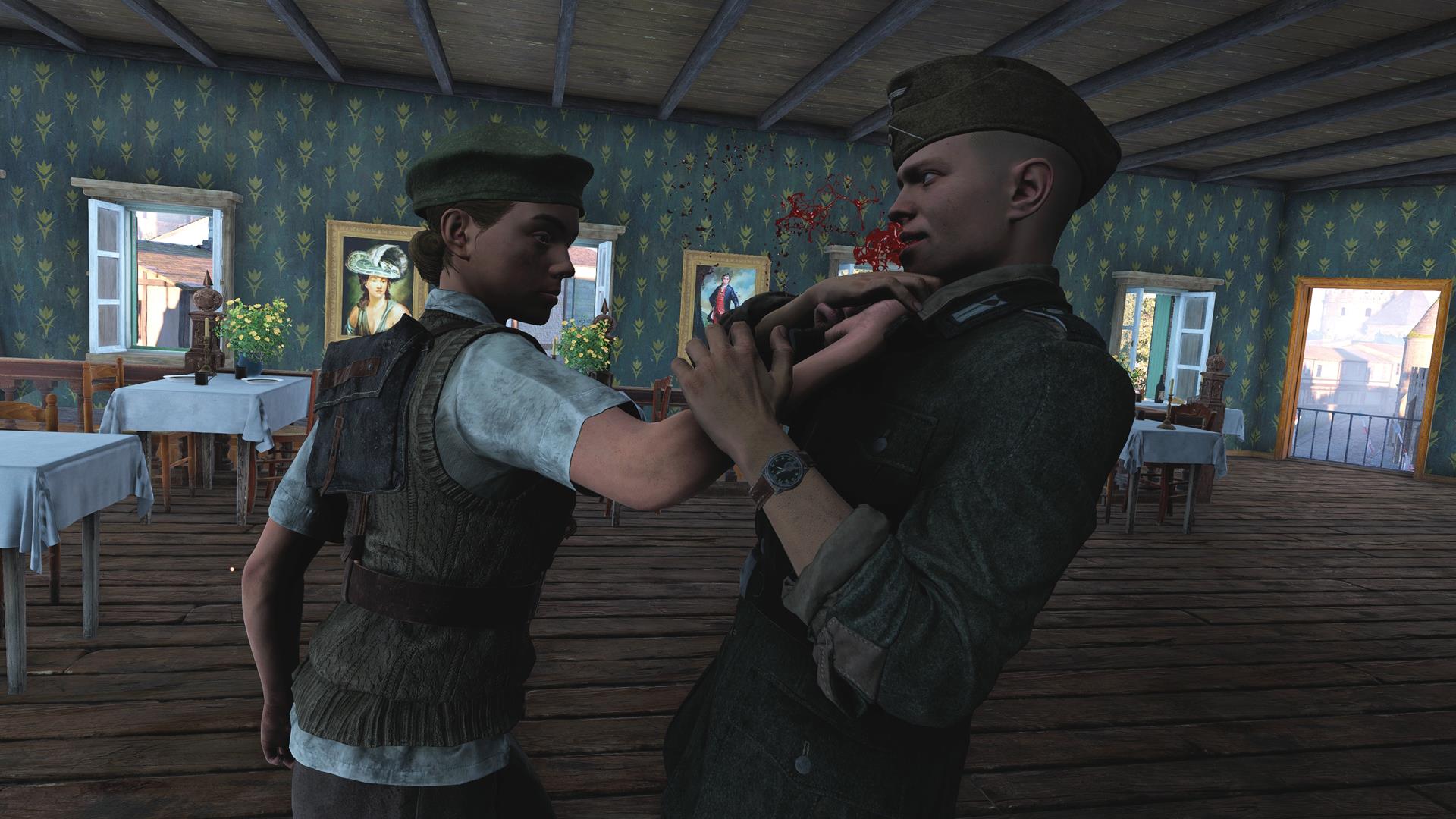 The image shows a French Resistance fighter stabbing a Nazi soldier.
