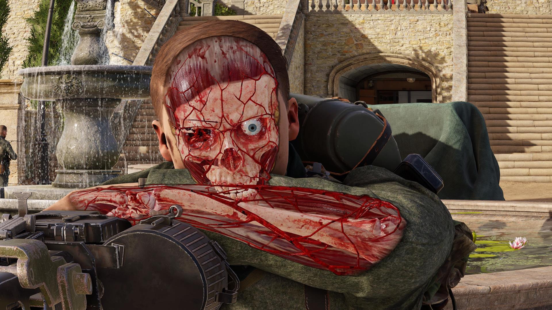The image is of the X-Ray Kill Cam, which shows the innards of an enemy being pierced by a bullet.