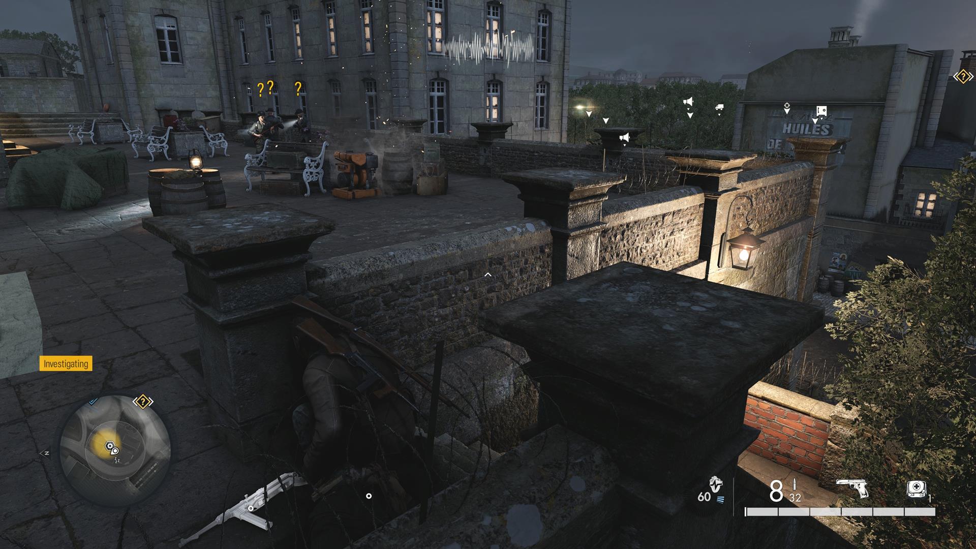 The image shows the player watching as several soldiers get distracted by a single damaged generator.