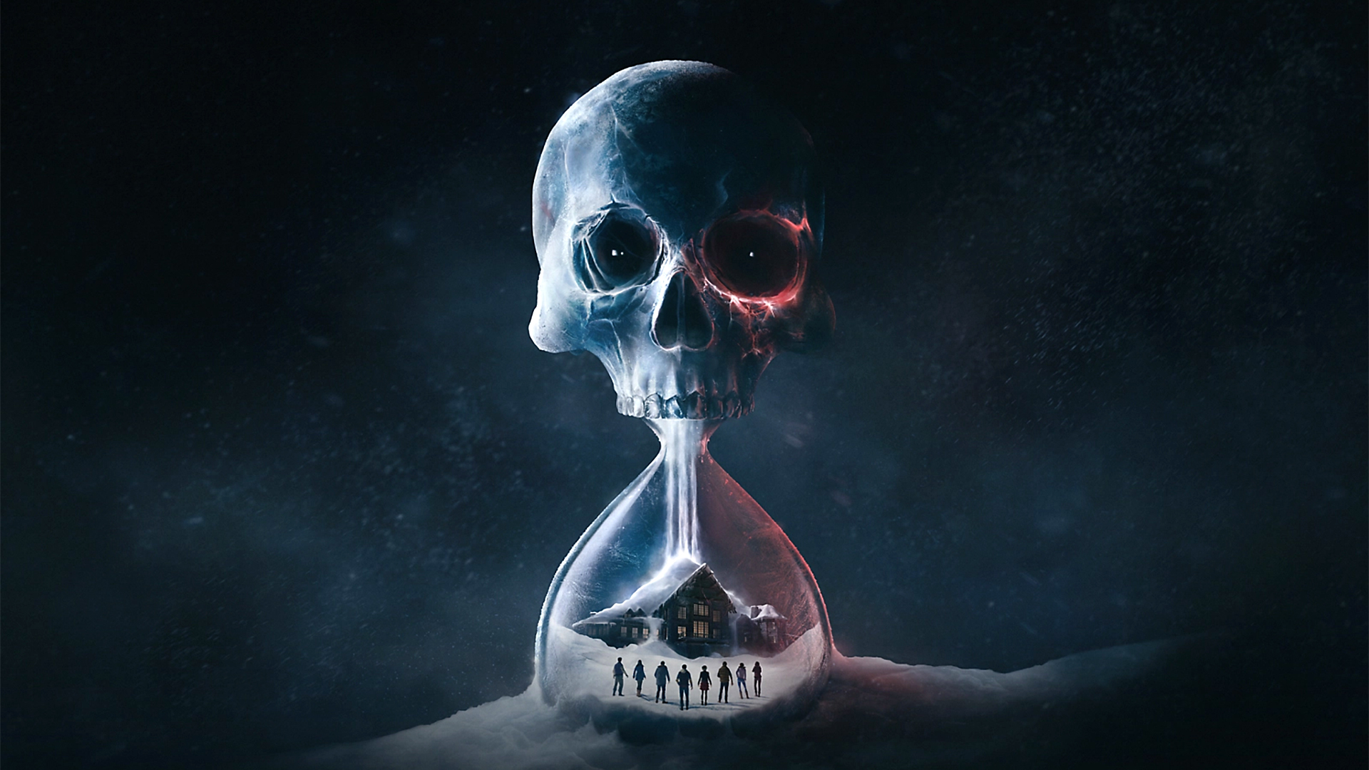 Artwork from Until Dawn featuring a skull-shaped hourglass with eight characters walking toward a snow-covered cabin contained within