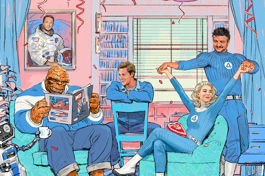 A promotional image for Marvel’s casting announcement of The Fantastic Four: First Steps, featuring drawings of the cast as the Thing, the Human Torch, the Invisible Woman, and Mister Fantastic.