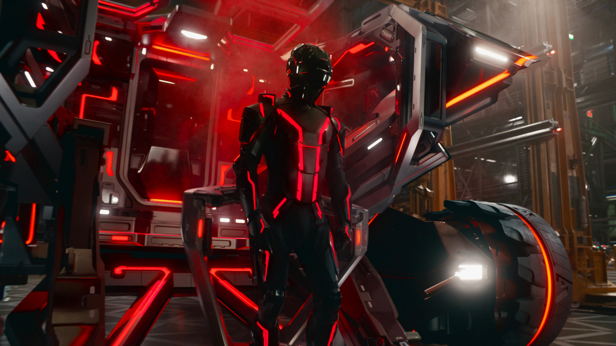 Teaser image of Ares (Jared Leto) standing in a sci-fi hangar in TRON: Ares