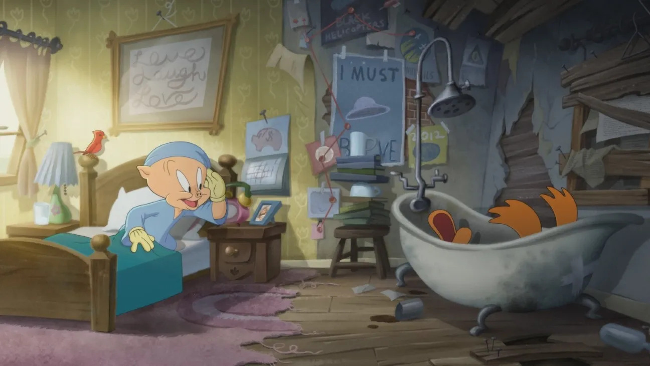 Porky Pig and Daffy Duck sleeping in their respective beds in The Day the Earth Blew Up: A Looney Tunes Movie