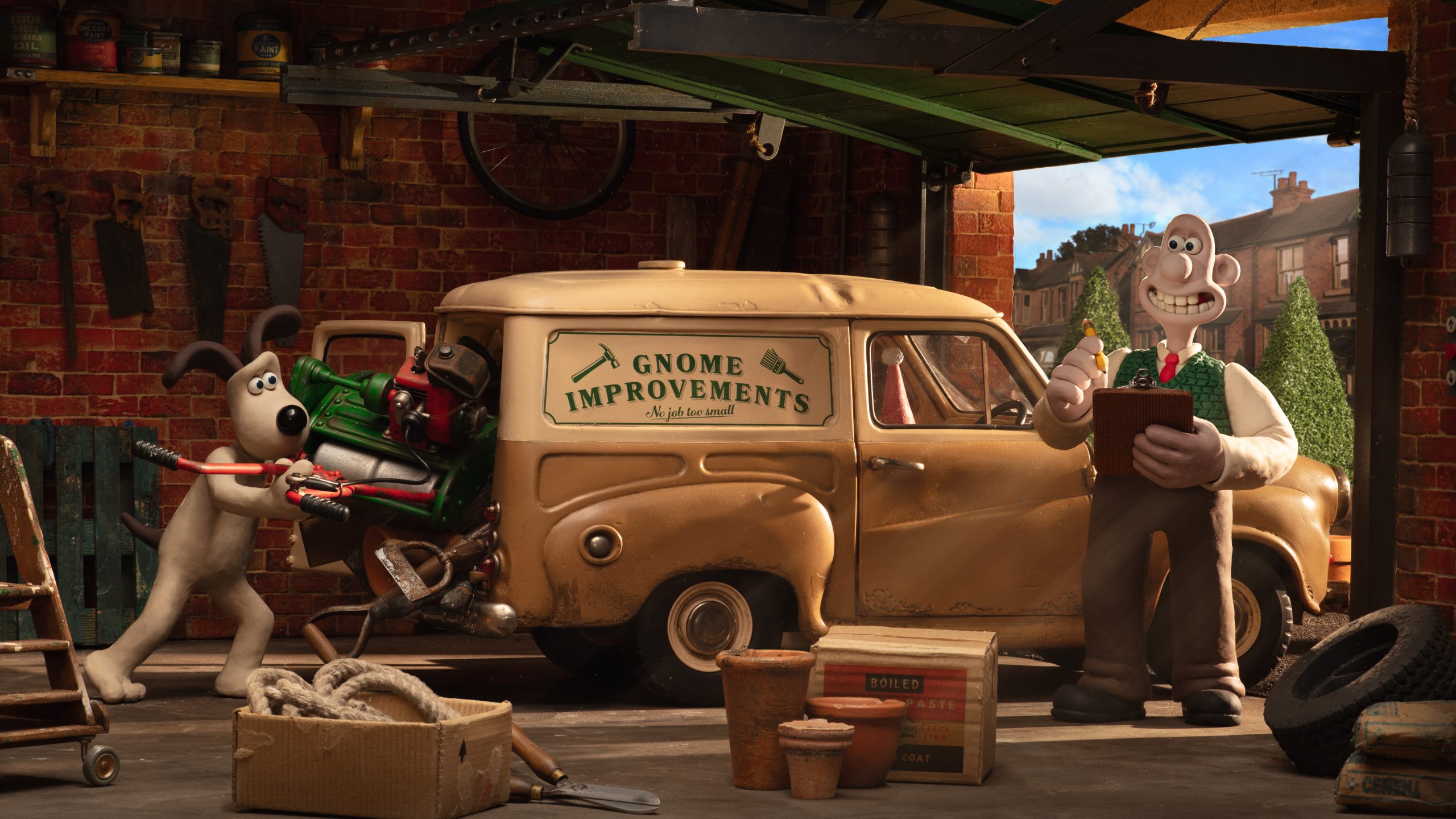 Wallace and Gromit packing a car labelled “Gnome Improvements” in Wallace & Gromit Vengeance Most Fowl