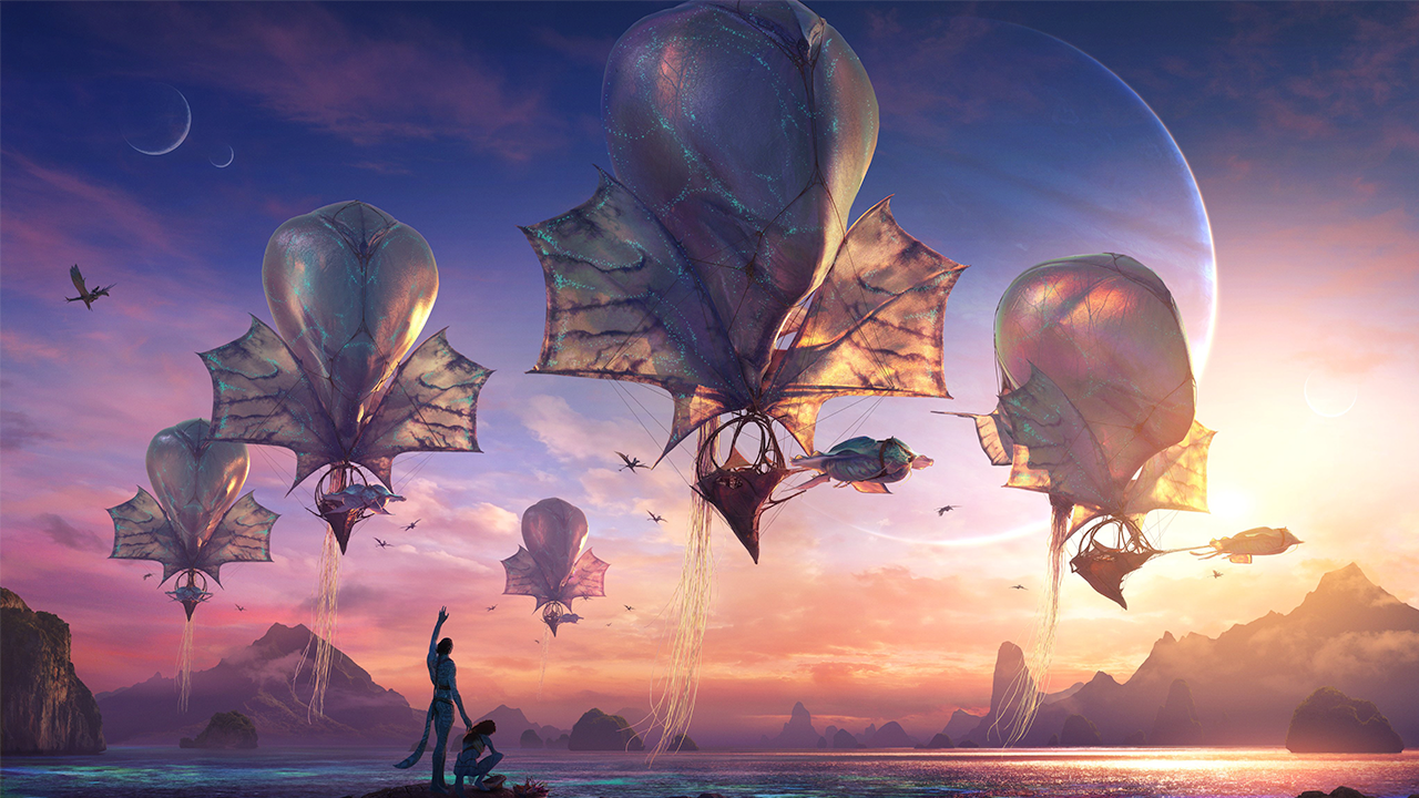 Concept art of flying organic barges in Avatar: Fire and Ash.