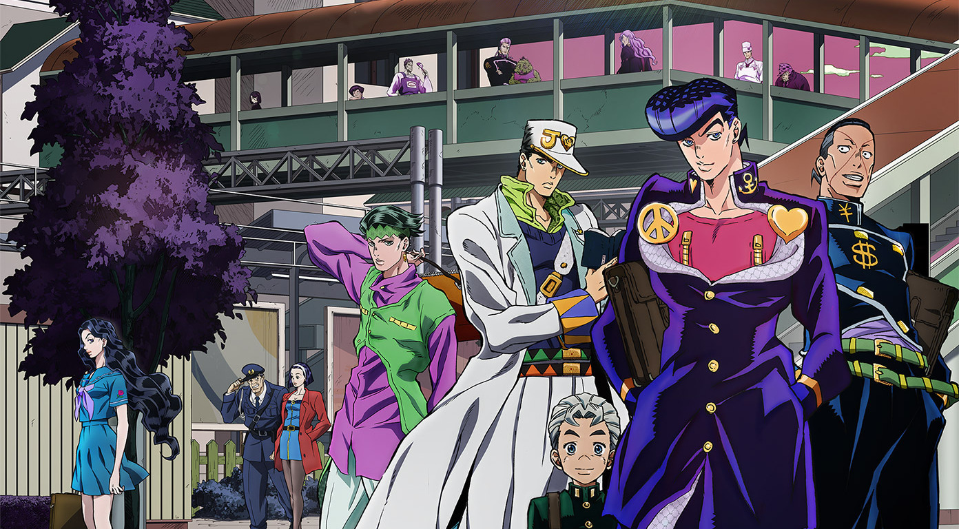 Josuke Higashikata&nbsp;and Jotaro Kujo standing alongside several supporting characters from “Jojo’s Bizarre Adventure: Diamond is Unbreakable”