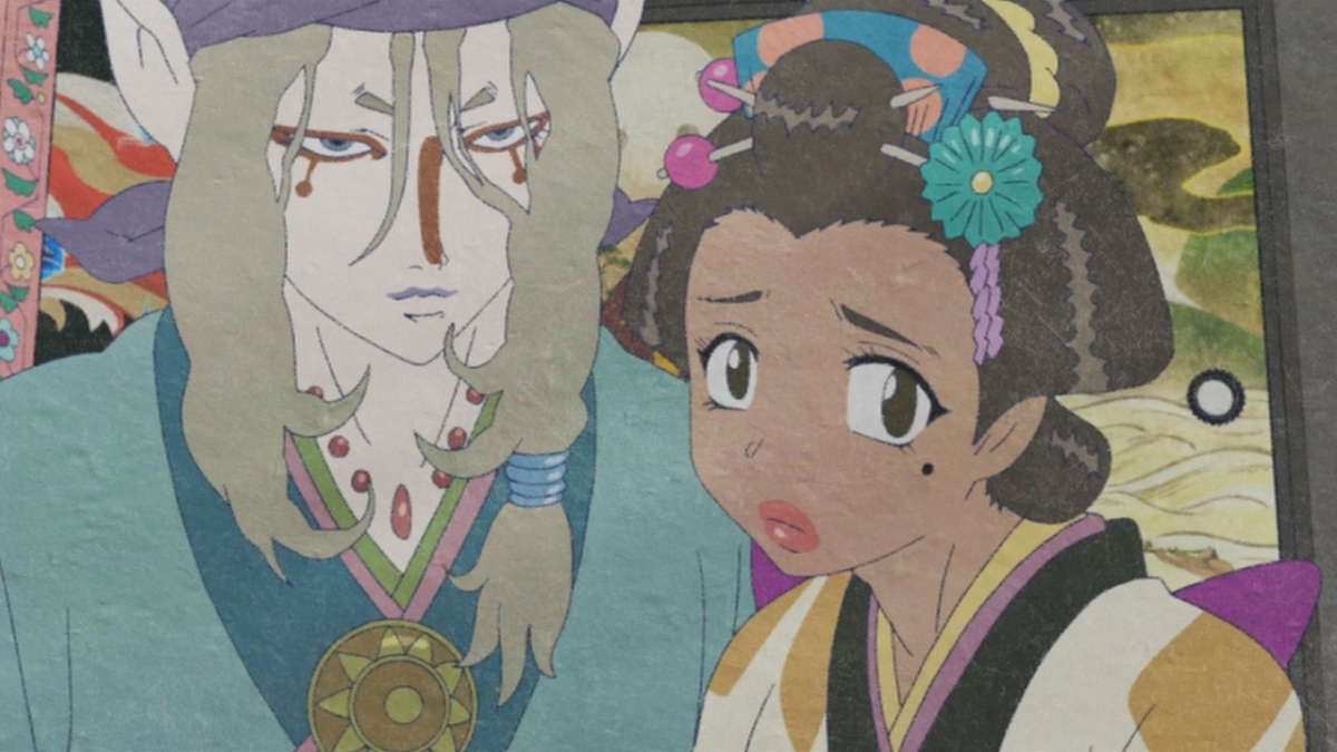 The medicine seller standing next to a geisha in Mononoke.