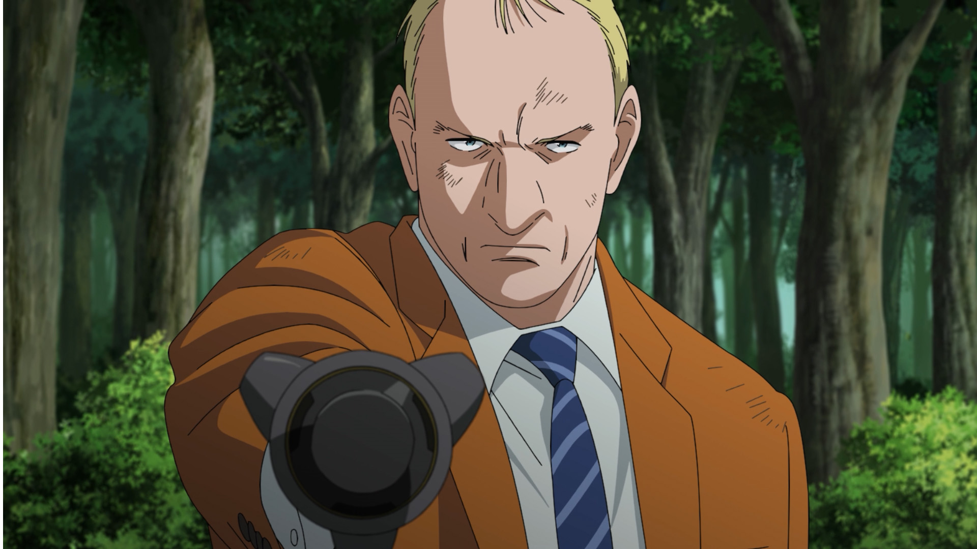 Inspector Gesicht&nbsp;aiming an arm-mounted projectile canon in a forest.