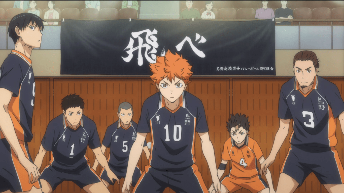 T Karasuno boys’ volleyball team getting ready to score in Haikyu