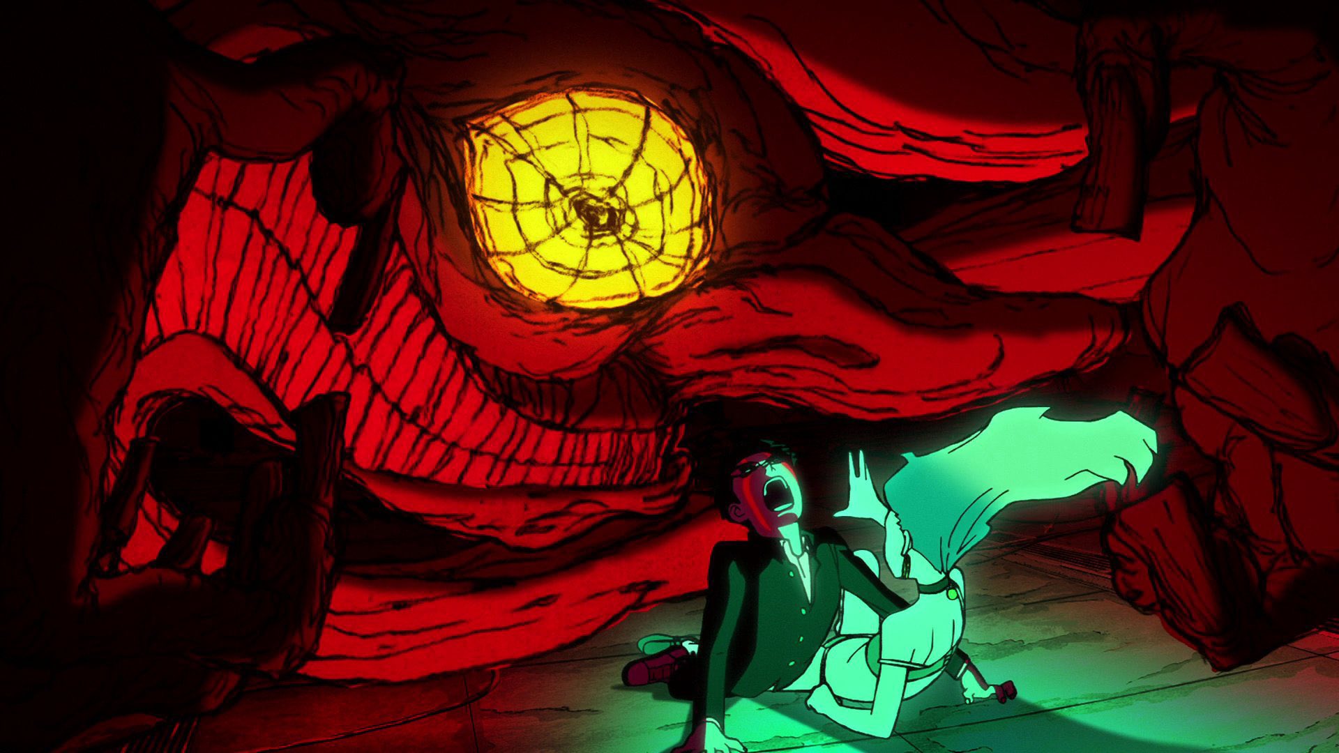 An anime woman holding back a looming presence with a scowling face in Dan Da Dan.