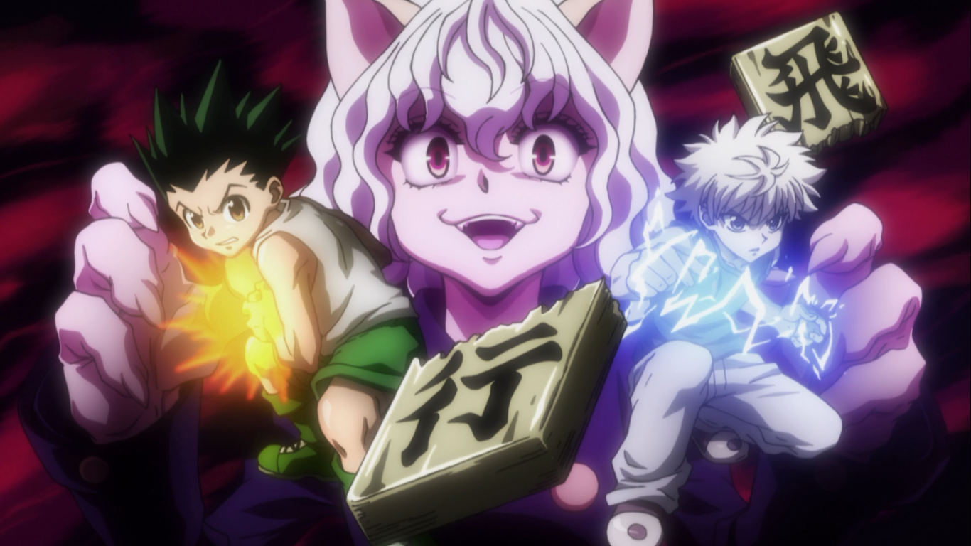 a white catlike person looms over two small children running
