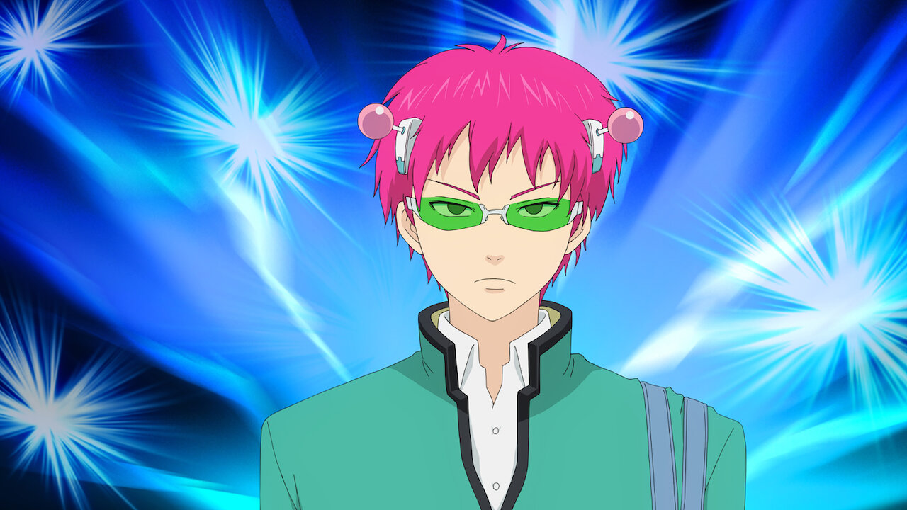 Saiki K., a young man with pink hair and green sunglasses with what looks like joysticks or antennas on his head, surrounded by blue sparks, in The Disastrous Life of Saiki K.