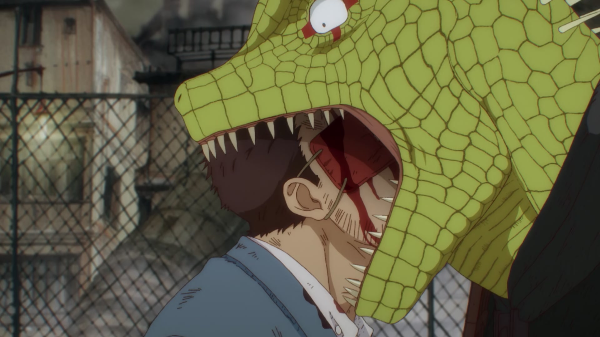 Dorohedoro: A snake man bites the head of a human man