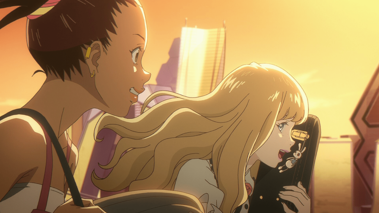 Two girls smile at each other, carrying musical instruments as they run.