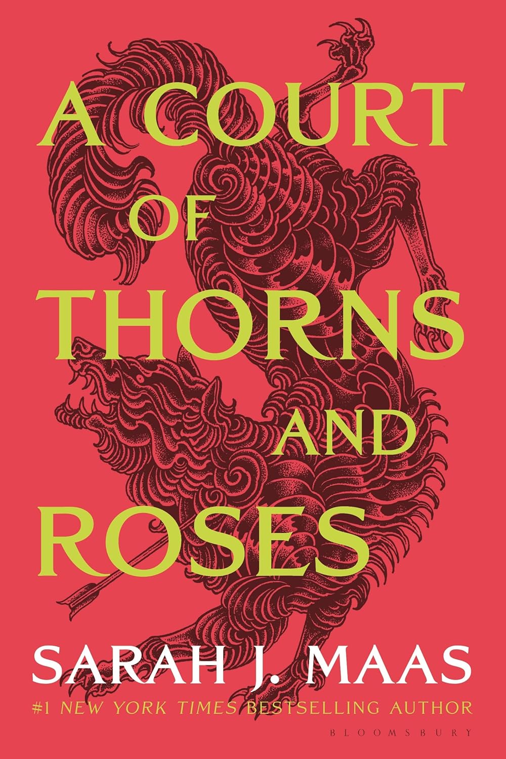The cover of A Court of Thorns and Roses with a red background, a creature in the style of medieval heraldry