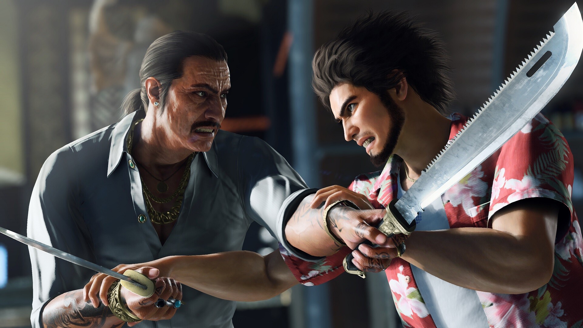 Ichiban and Danny Trejo grapple in Like a Dragon: Infinite Wealth. Danny Trejo is carrying two machetes.