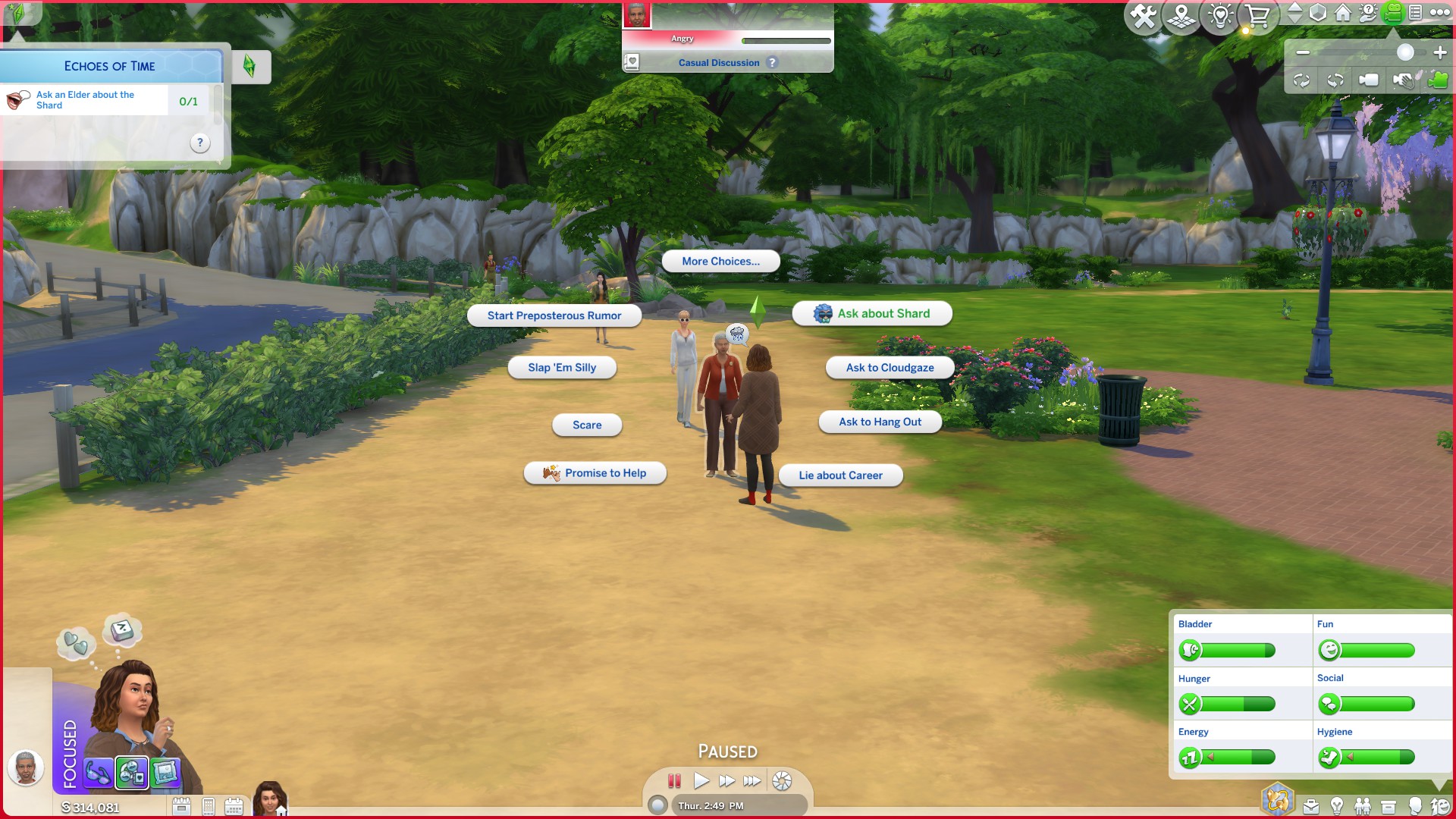 An image showing a young Sim and an elder Sim talking in The Sims 4.