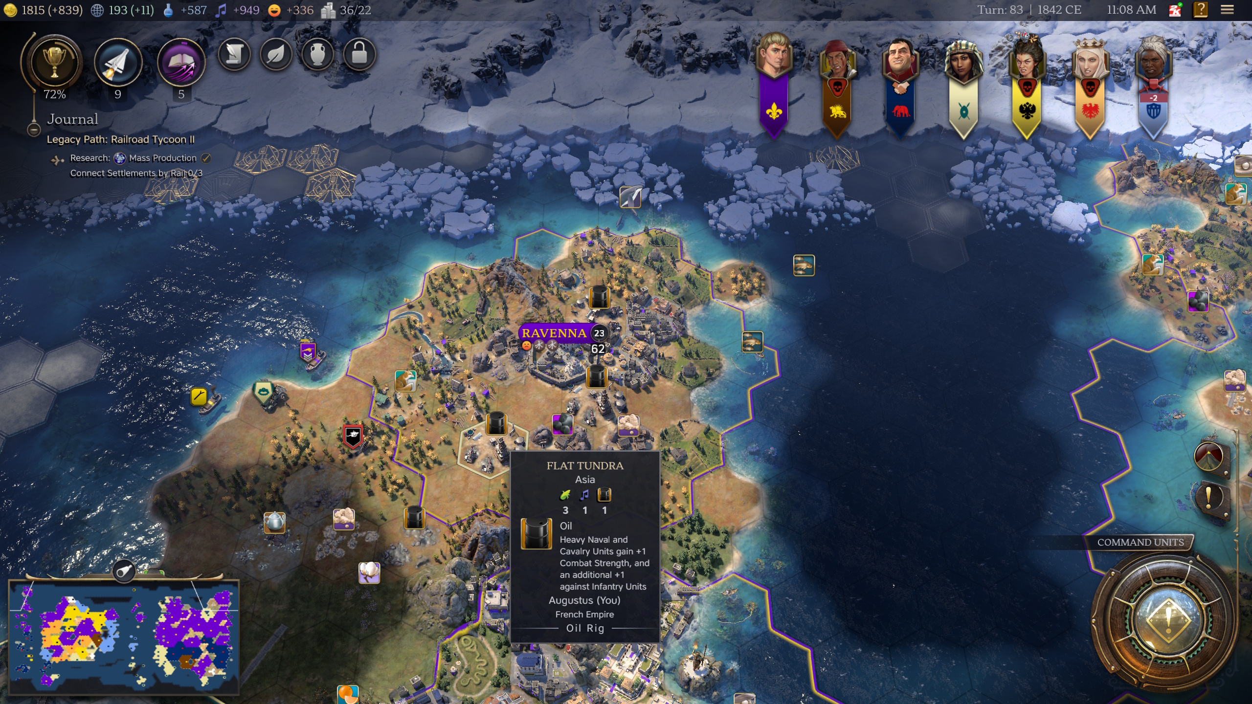 A map shows Ravenna getting resources in Civ 7