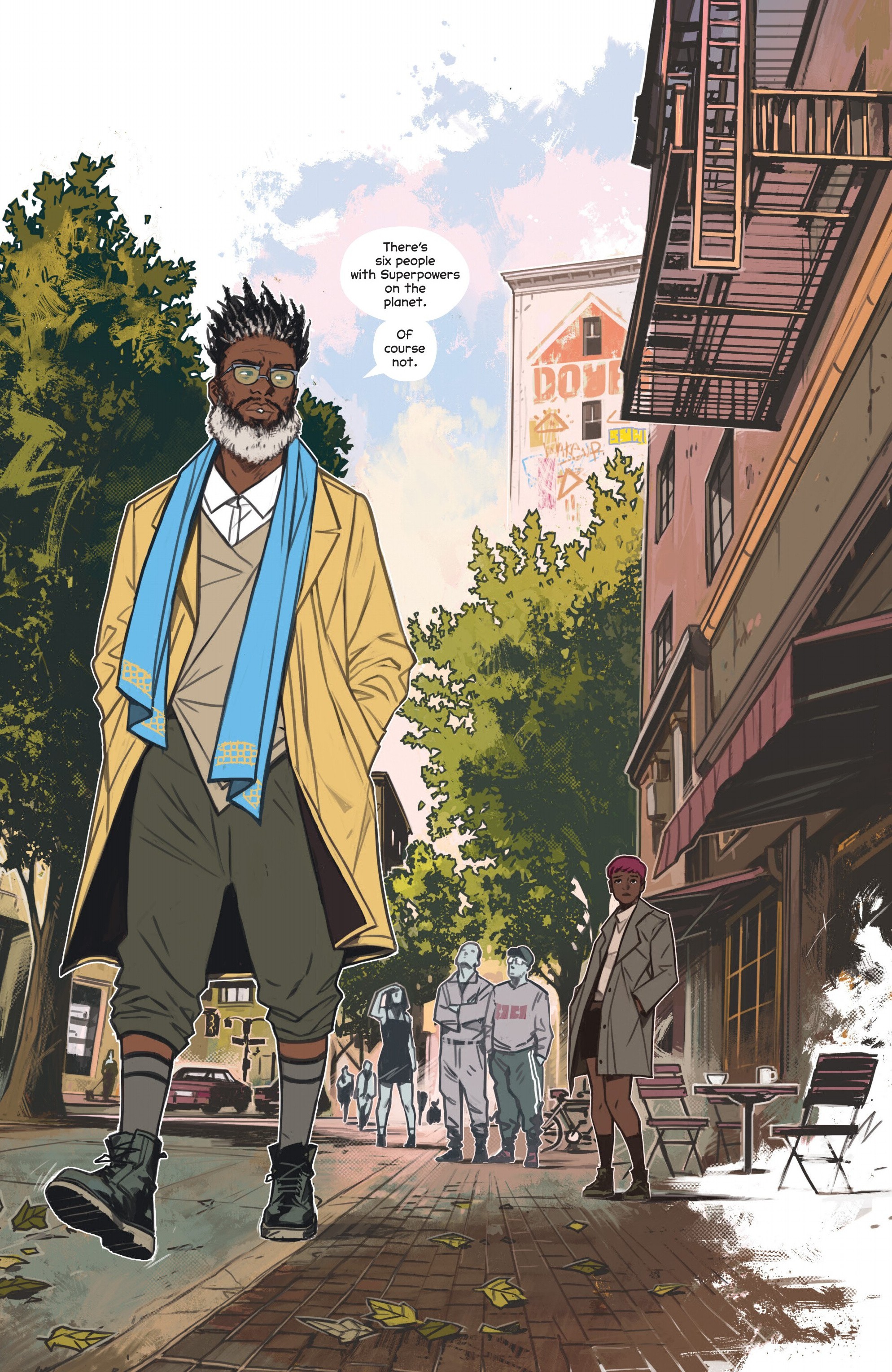 Etienne Lux, wearing a brightly colored duster, walks down a city street away from a reporter. “There’s six people on the planet with Superpowers,” he says. “Of course not.” From The Power Fantasy.