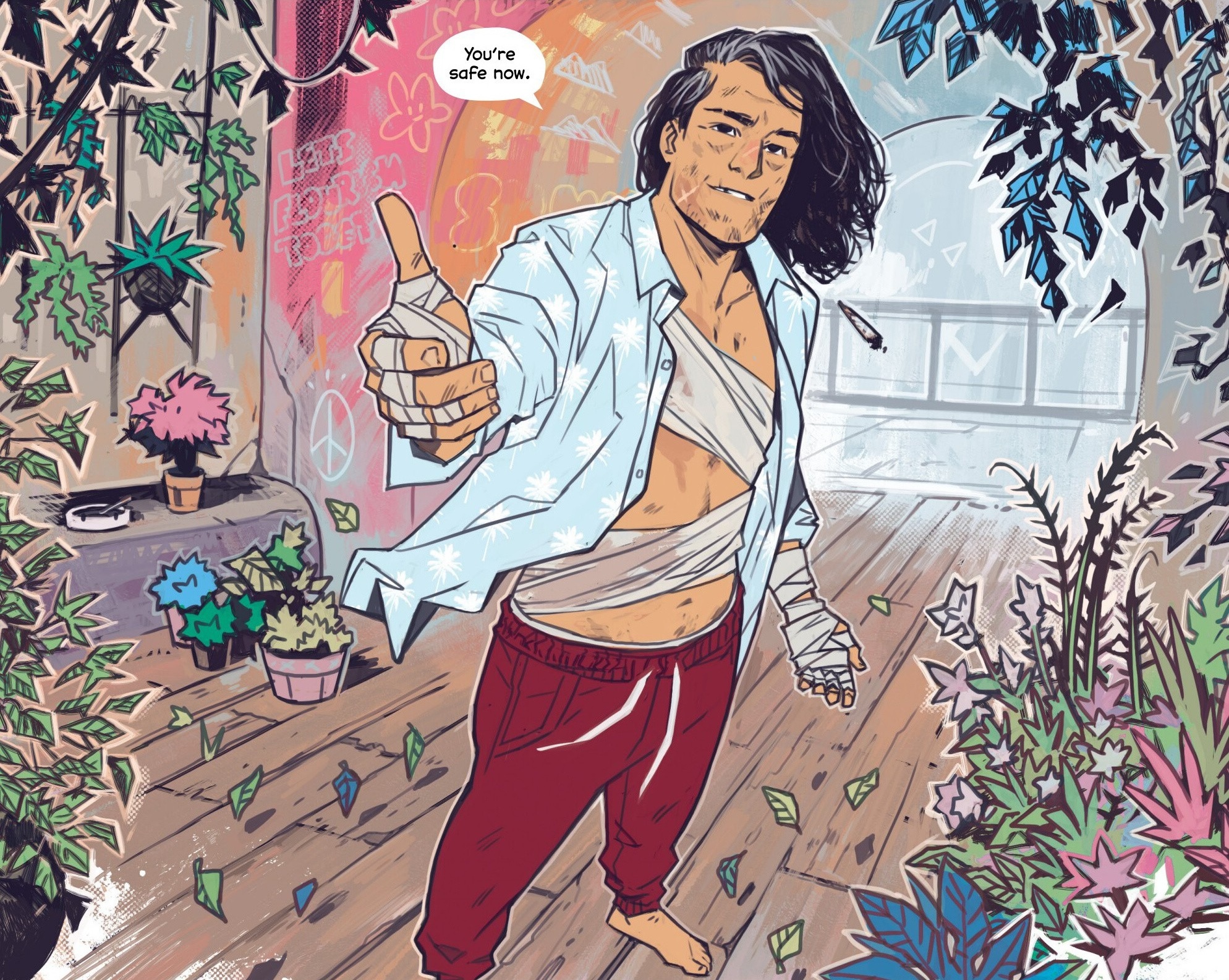 Heavy, a man with chin-length hair wearing sweatpants, bandages, no shoes or socks and an open shirt, stands in a bright room full of potted plants and extends his hand to the viewer. “You’re safe now,” he says, in The Power Fantasy.