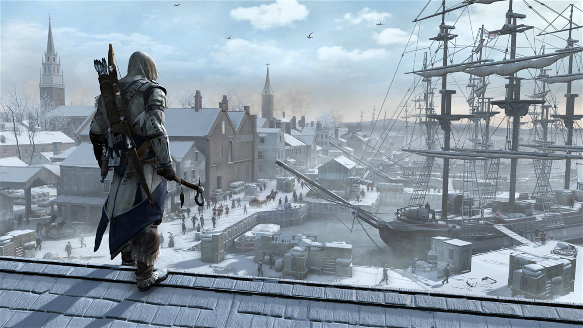 Assassin’s Creed 3 - Connor standing on a rooftop overlooking a snowy Boston Harbor