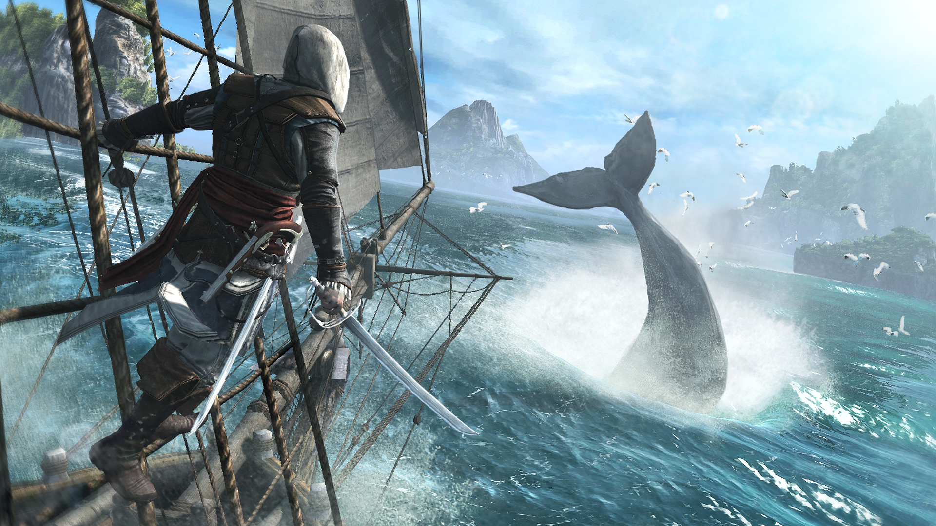 Edward Kenway considers stabbing a whale in 2013’s Assassin’s Creed 4: Black Flag.