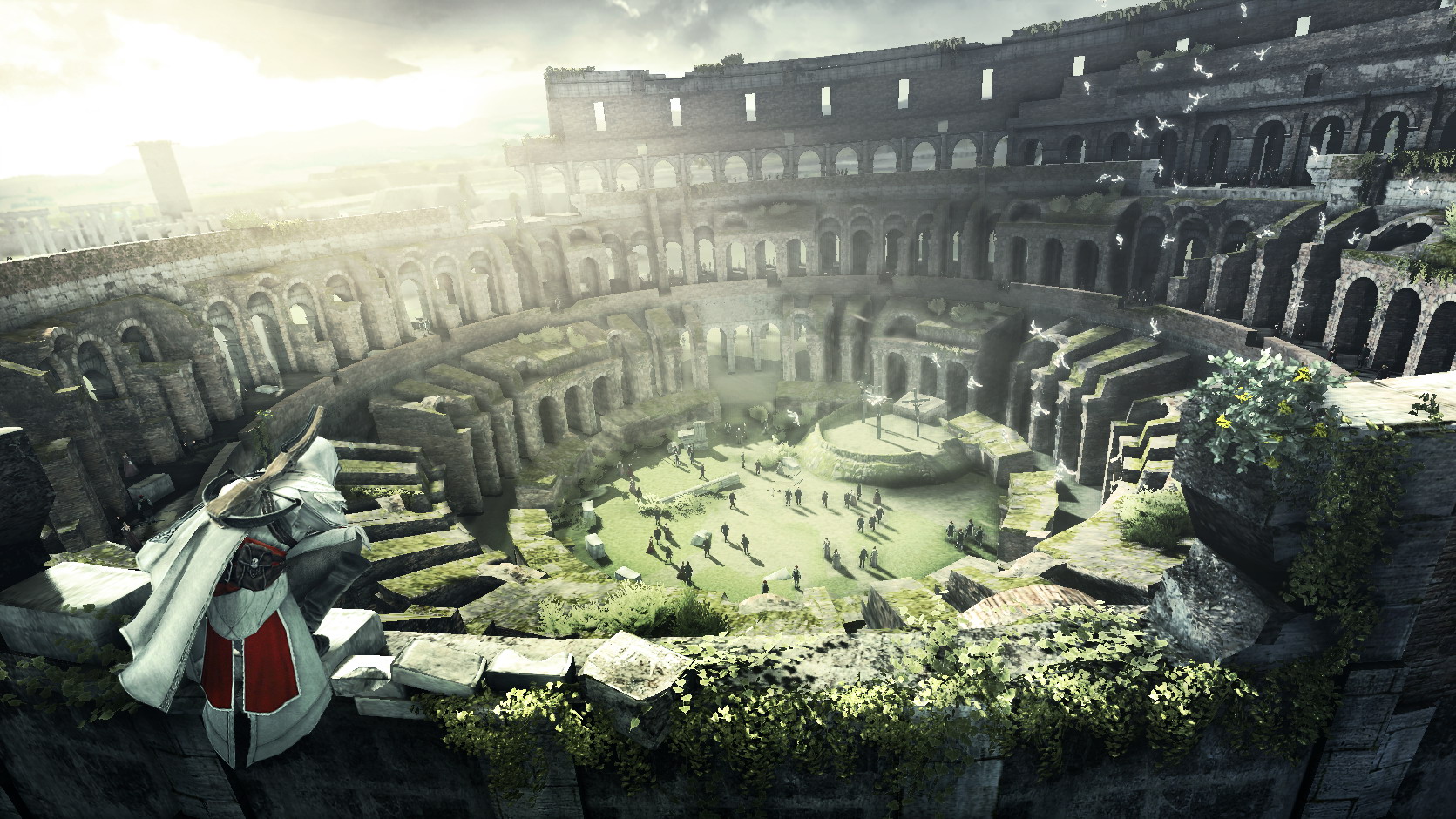 Ezio is awkward at a party in 2010’s Assassin’s Creed: Brotherhood, perched atop the Coliseum