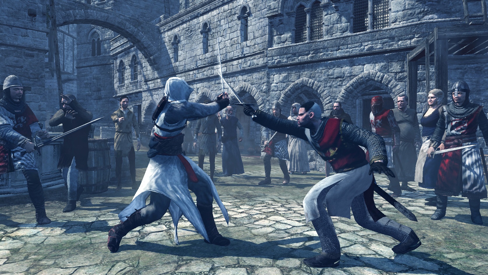 Altaïr Ibn-La’Ahad battles a knight in 2007’s Assassin’s Creed.