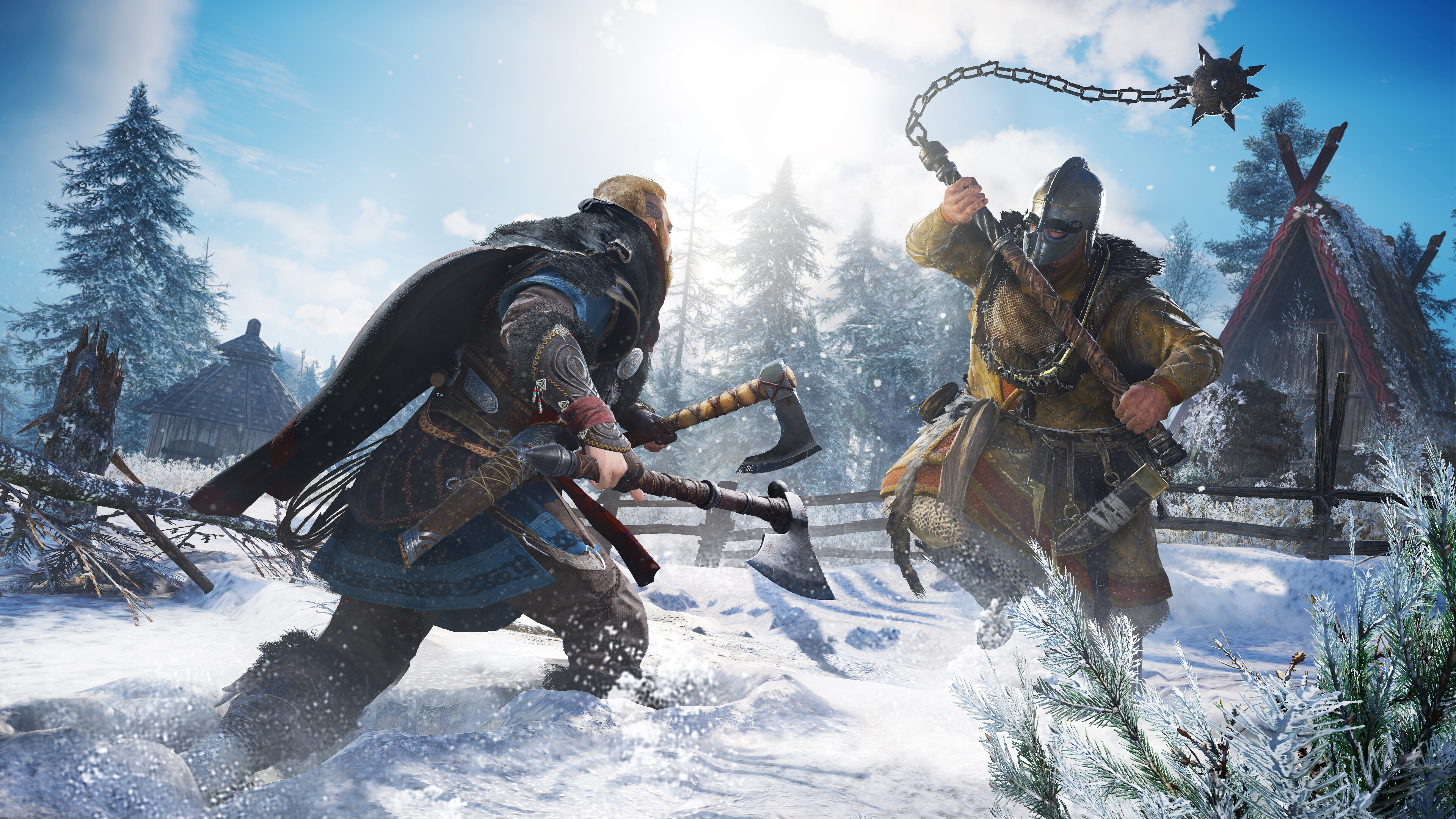Eivor, the player character, engages an enemy wielding a flail in Assassin’s Creed Valhalla