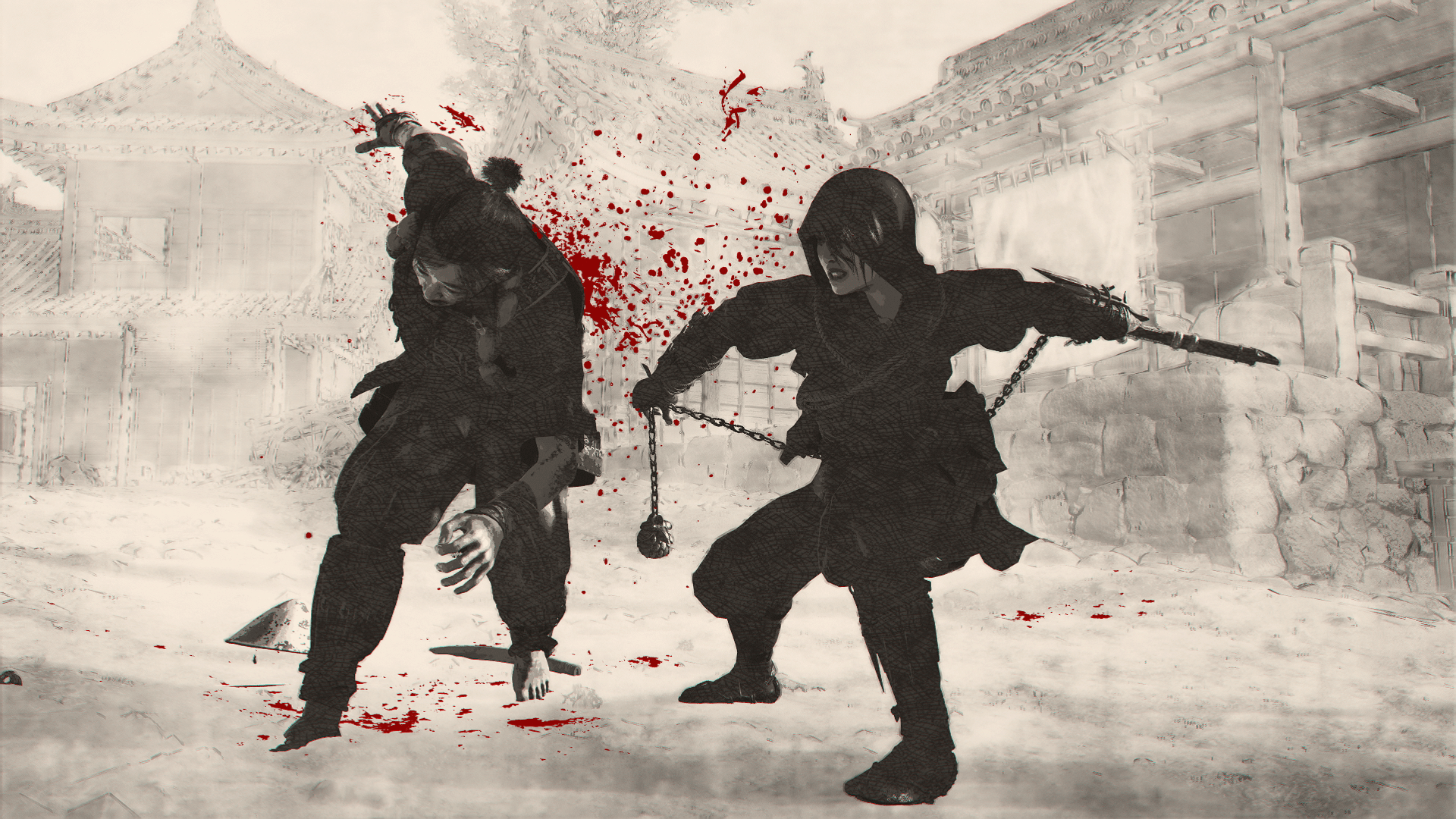 Naoe attacks a man with the kusarigama in Assassin’s Creed Shadows