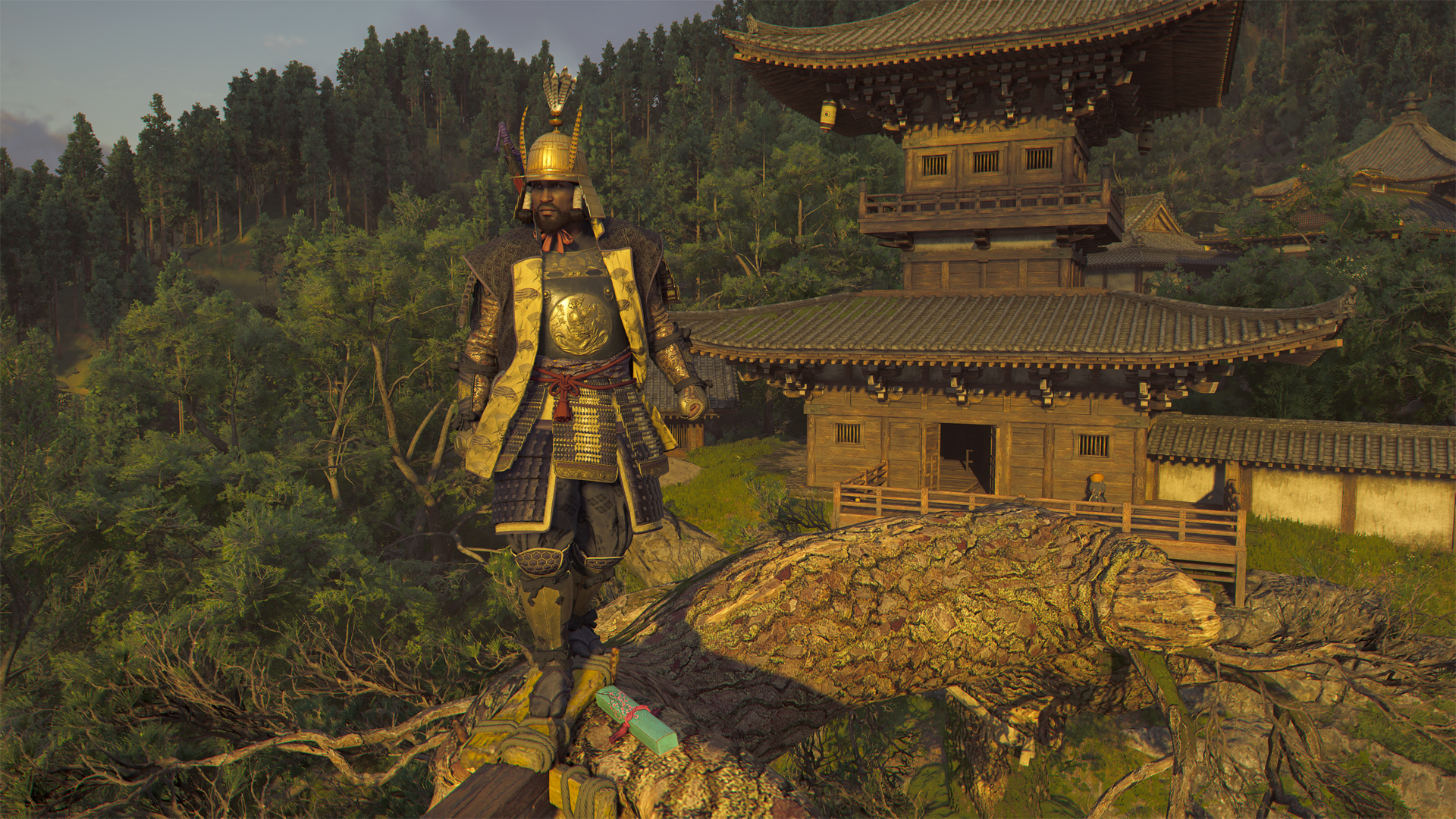 Yasuke standing on a tree branch next to a Lost Page in Assassin’s Creed Shadows.