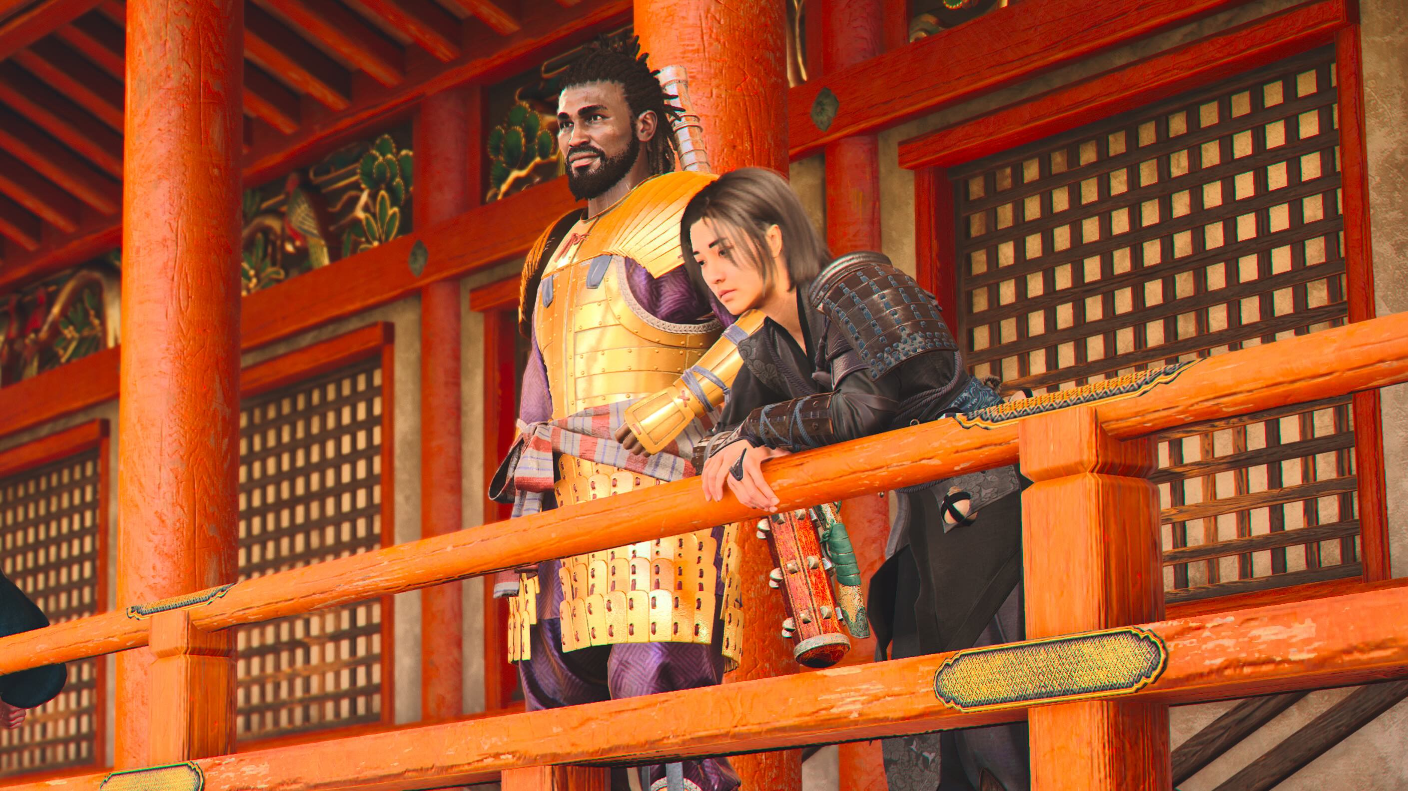 Yasuke and Naoe stand in front of a door in Assassin’s Creed Shadows