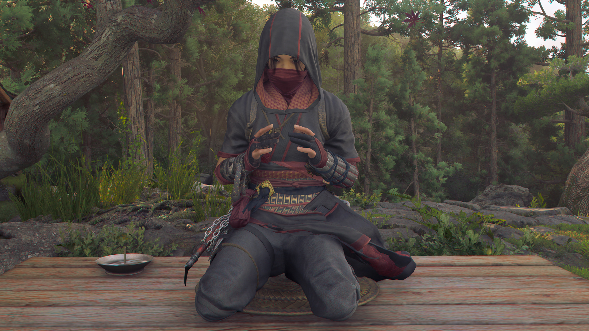Naoe meditates on a Kuji-Kiri spot in AC Shadows.