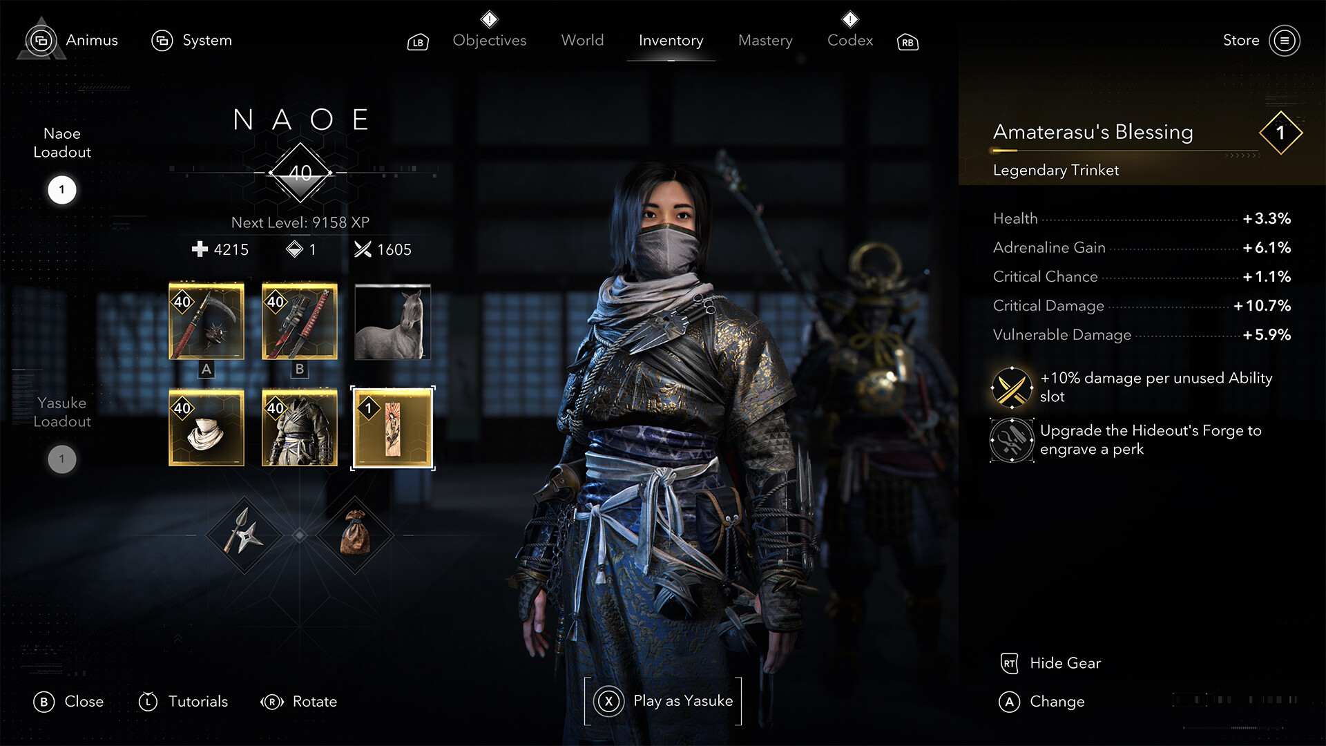 The Inventory menu in AC Shadows shows Naoe at level 40 with various weapons.