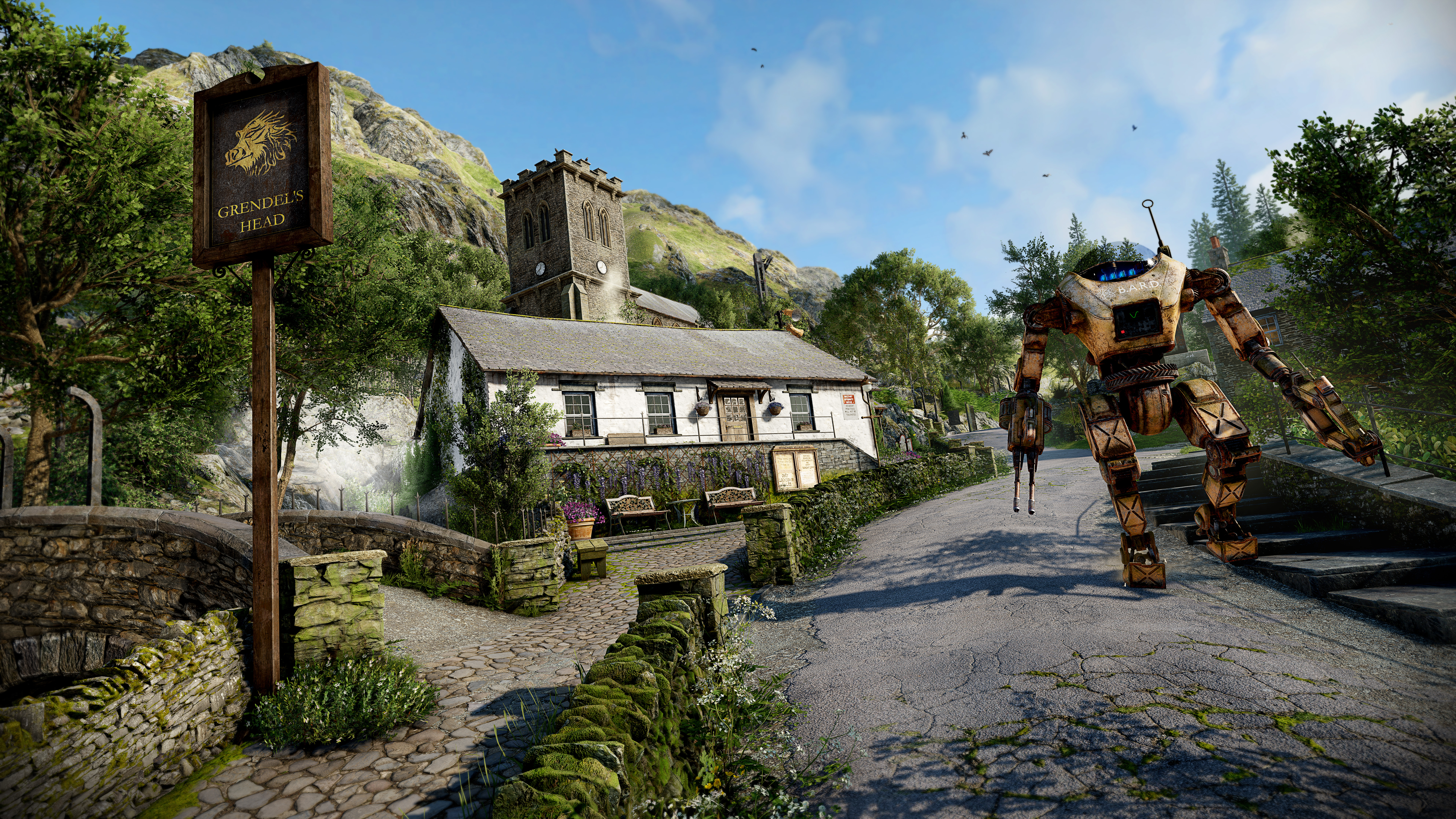 A huge mech stomping down a suburban street with a cozy-looking house on it in Atomfall