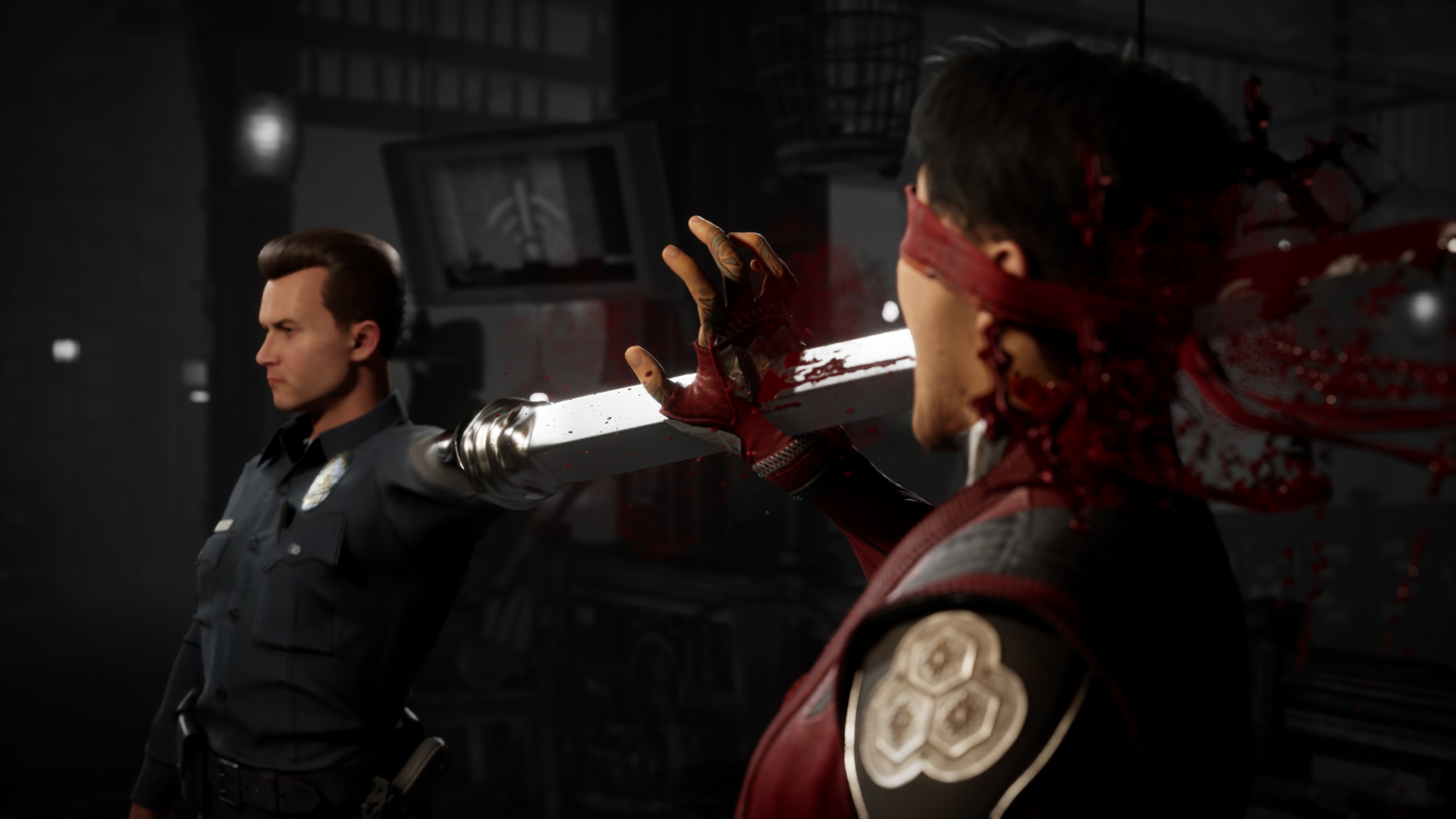 The Terminator T-1000 shoves a blade arm through Kenshi’s hand and head in a screenshot from Mortal Kombat 1