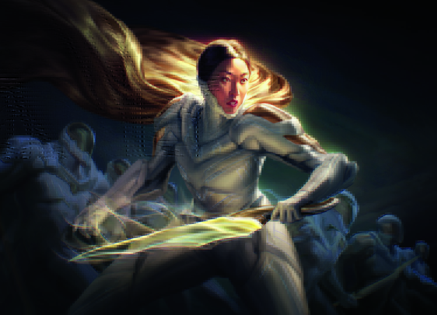 A woman in a white space suit holds a light sword, a golden cloak billowing behind her like hair.
