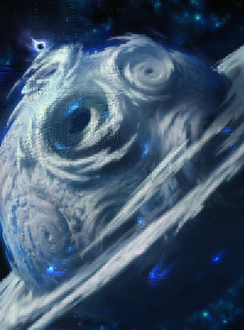 A planet covered by massive storms, which erupt from its surface into orbit. A black hole looms in the background.