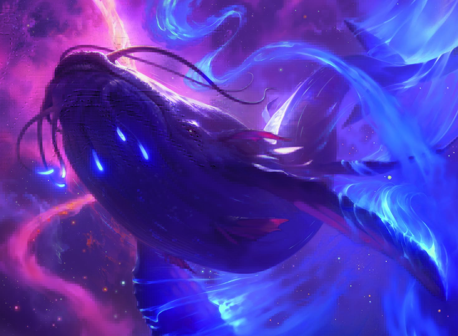 A whale slips through a bit of gas, flying through deep space as neon drips from its ventral fins.