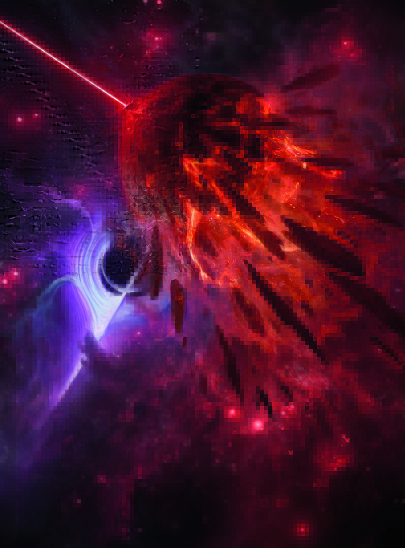 A planet appearing to be hit by a beam of some kind dissolves, its pieces falling into a black hole looming behind it.