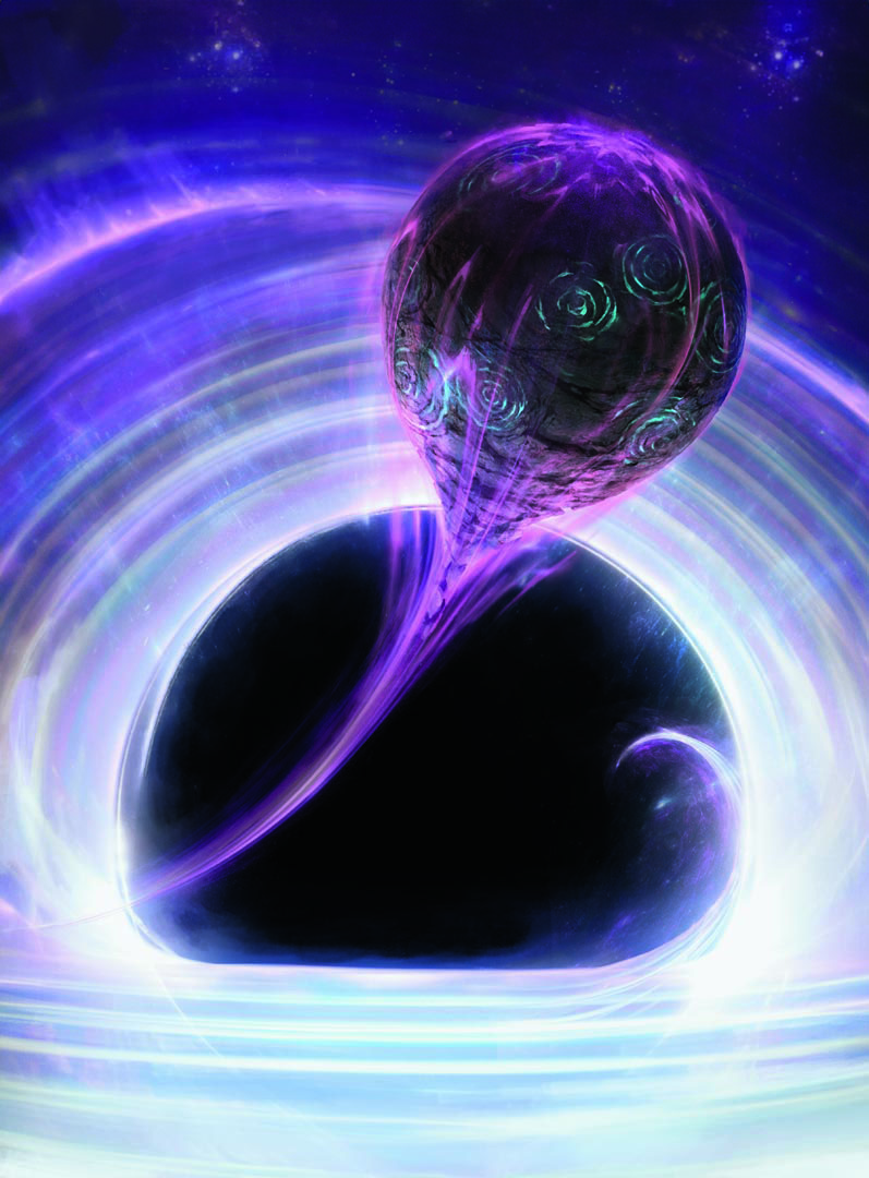 A beam of purple energy keeps a droplet-shaped mass just behind the edge of a black hole.