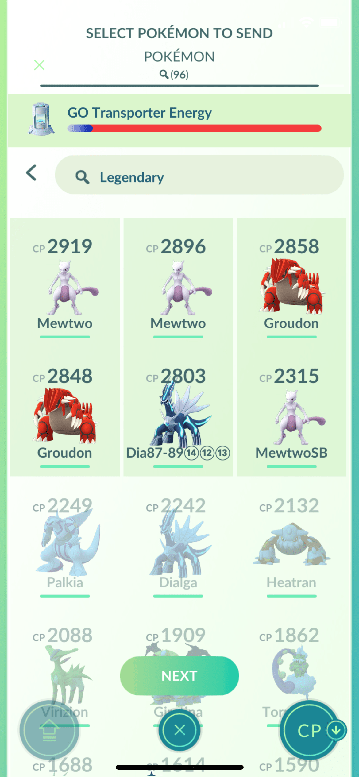 Six Legendary Pokémon are selected to be transferred using the Go Transporter.