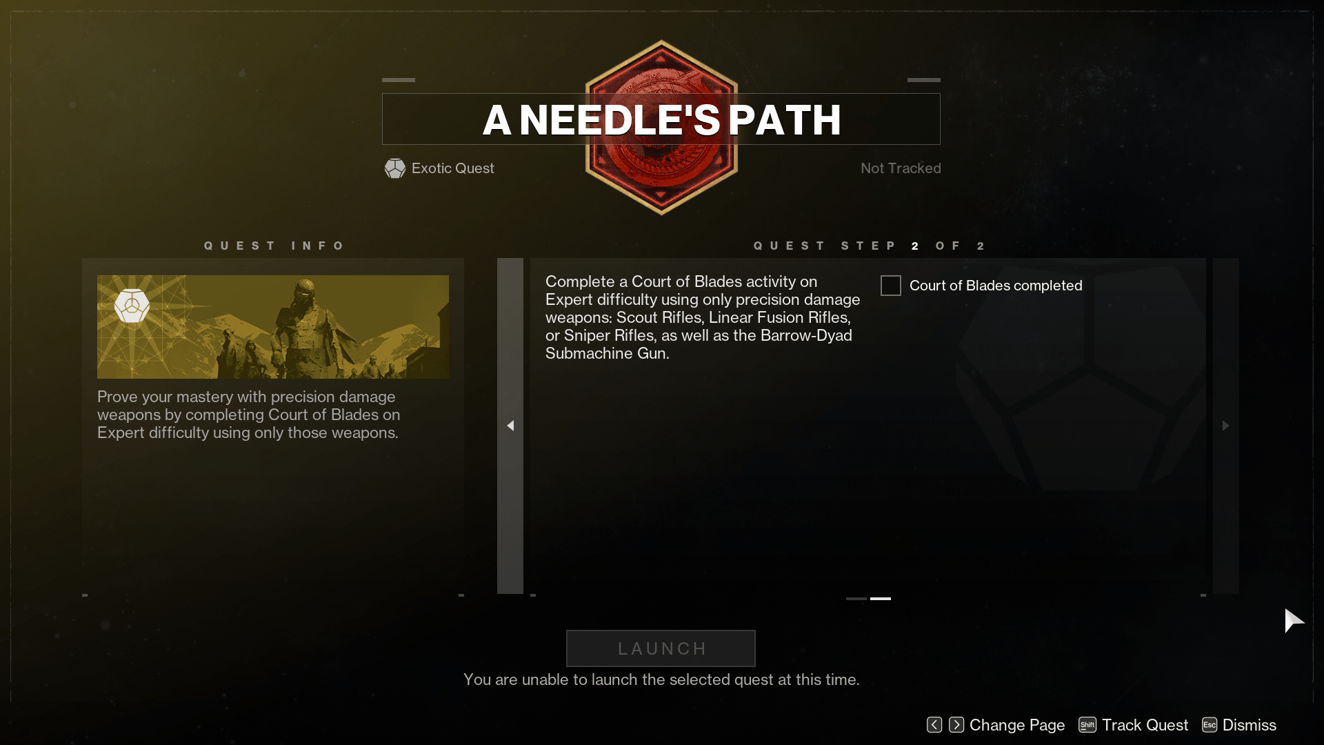 The quest menu for the “A Needle’s Path” quest