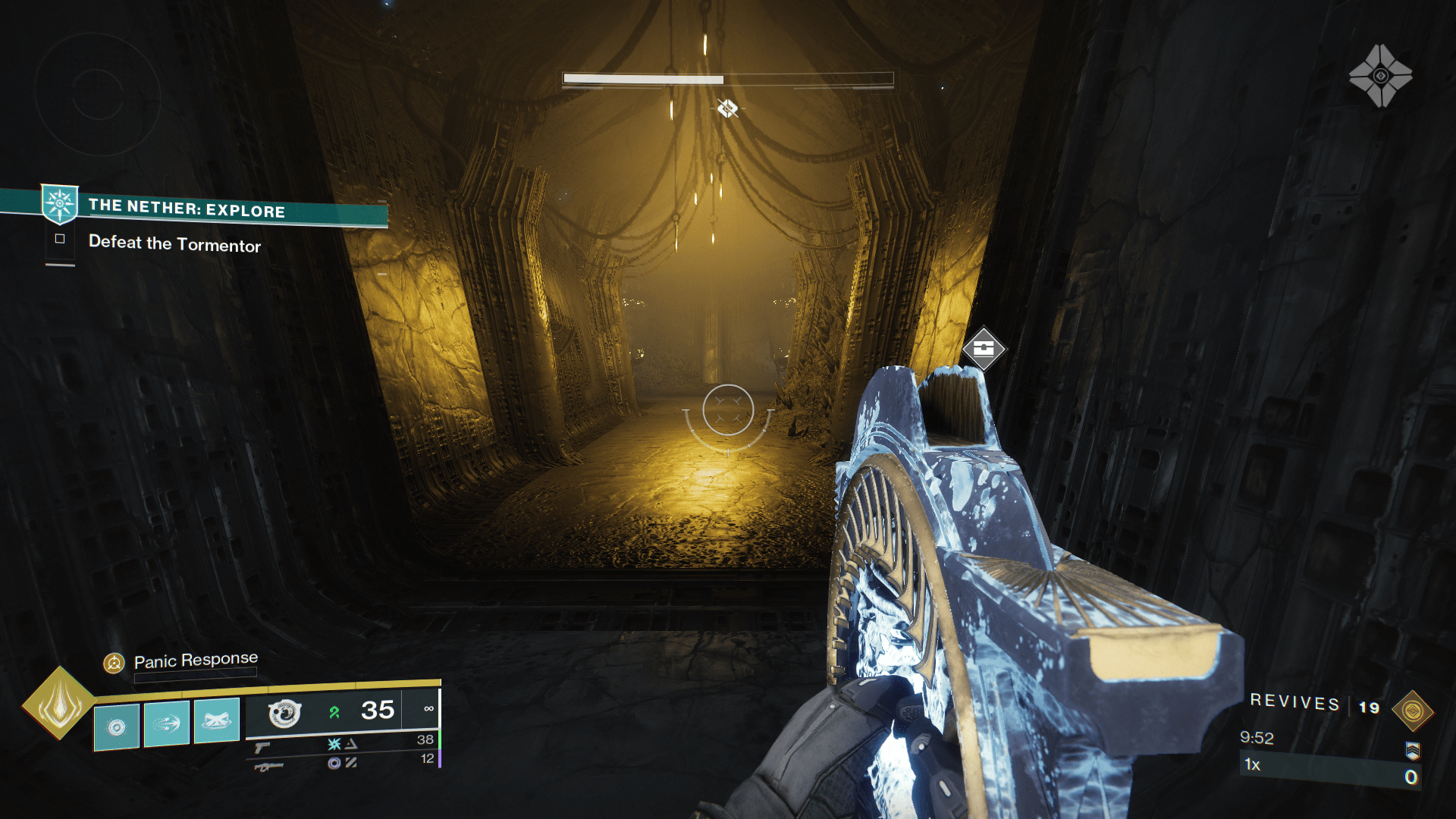 A Guardian explores the Dreadnaught and an orange hallway in Destiny 2